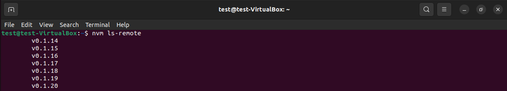 mencantumkan versi node.js yang tersedia menggunakan NVM