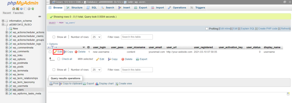 tombol Edit untuk mengganti username wordpress di phpMyAdmin