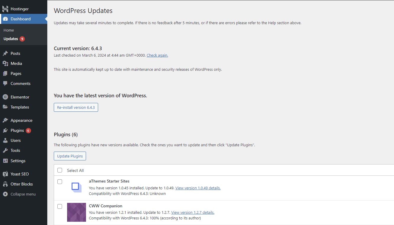 tampilan halaman update di dashboard wordpress
