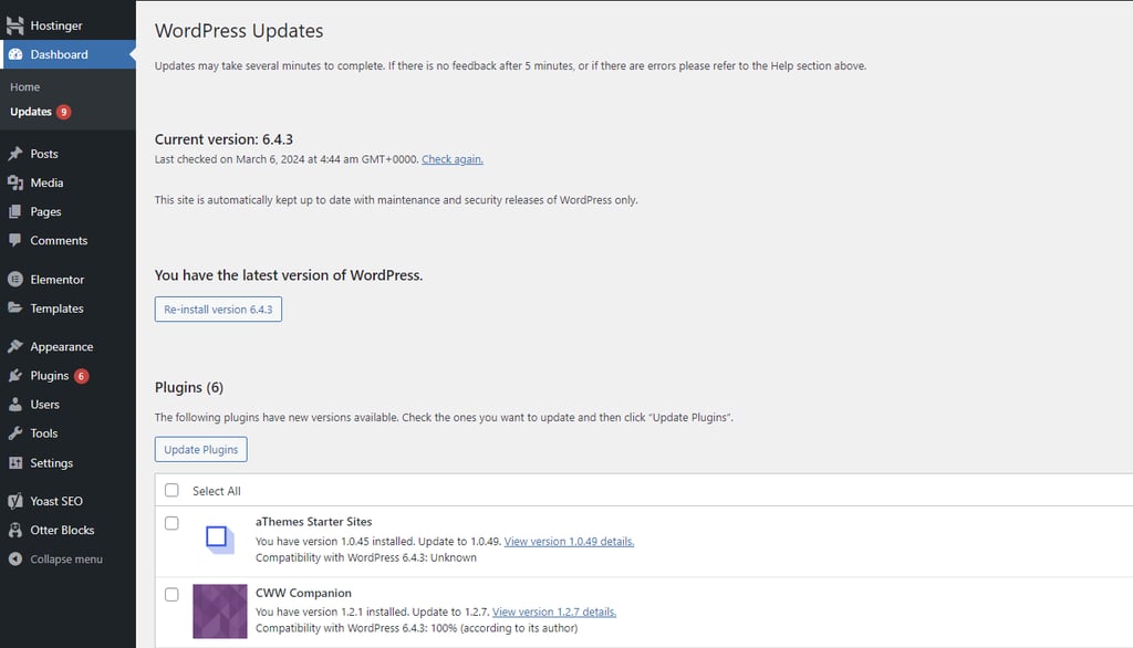 tampilan halaman update di dashboard wordpress