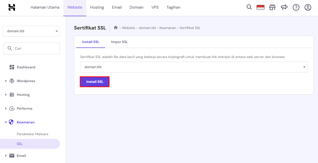 memilih instal ssl di hpanel untuk mengatasi kesalahan koneksi tidak pribadi