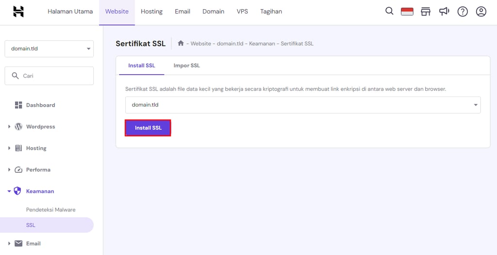 memilih instal ssl di hpanel untuk mengatasi kesalahan koneksi tidak pribadi