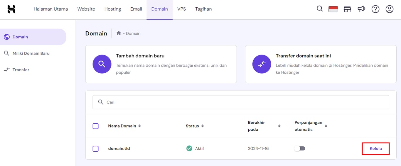 memilih kelola domain di hpanel