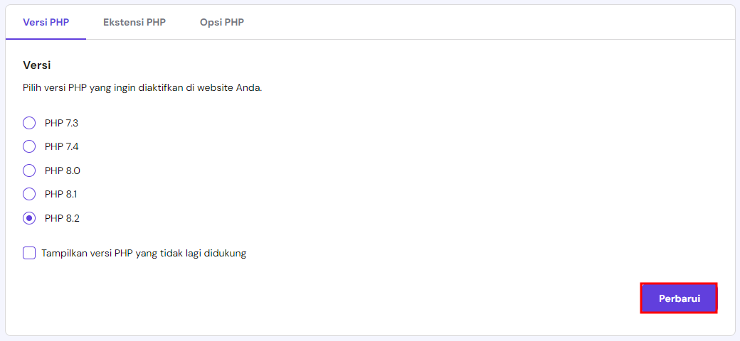 memilih tombol perbarui php di hpanel
