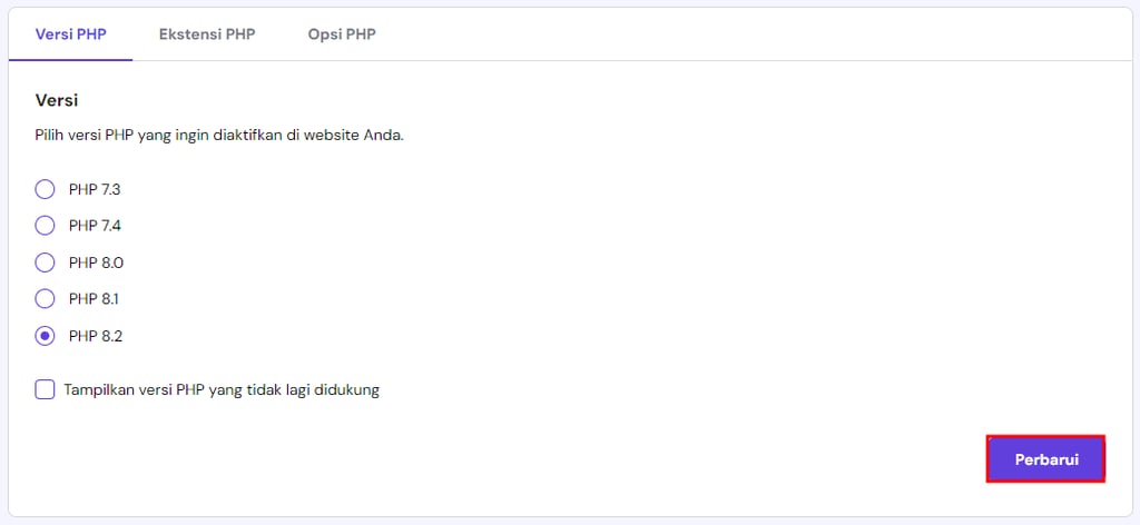 memilih tombol perbarui php di hpanel