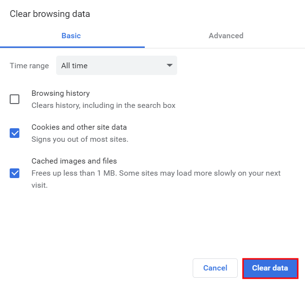 memilih untuk menghapus cache dan cookie chrome