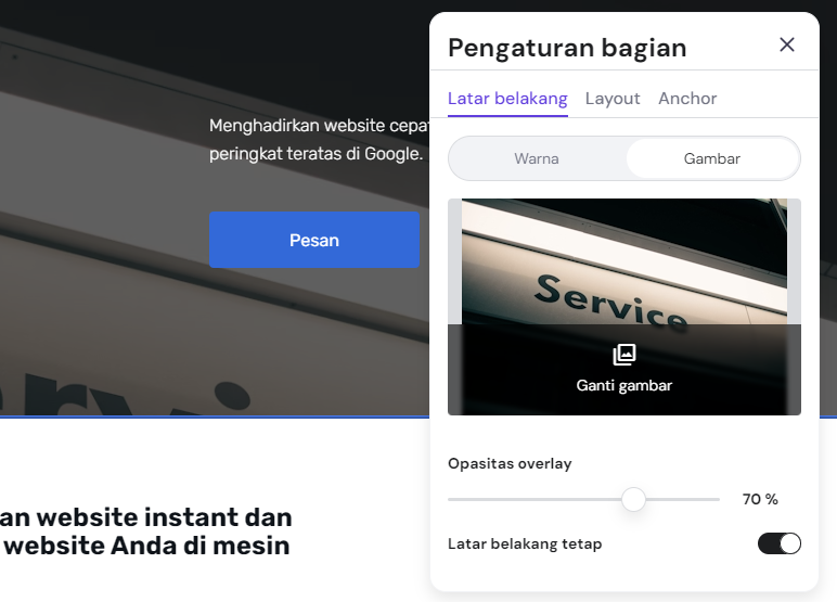 area pengaturan bagian di hostinger builder