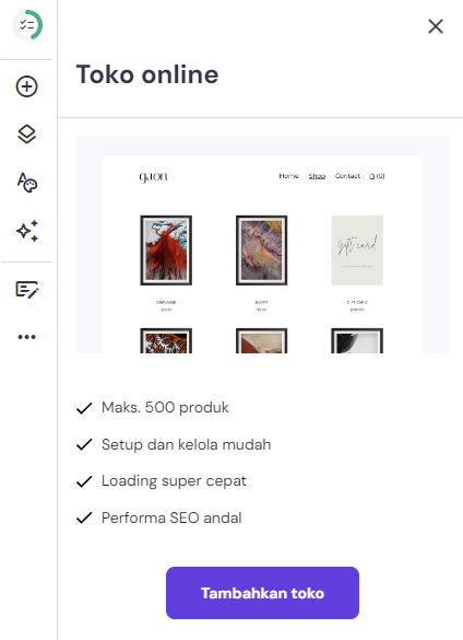 fitur toko online di sidebar kiri builder