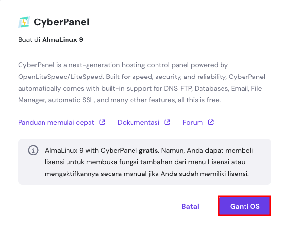 memilih ganti OS vps di hpanel dengan opsi cyberpanel