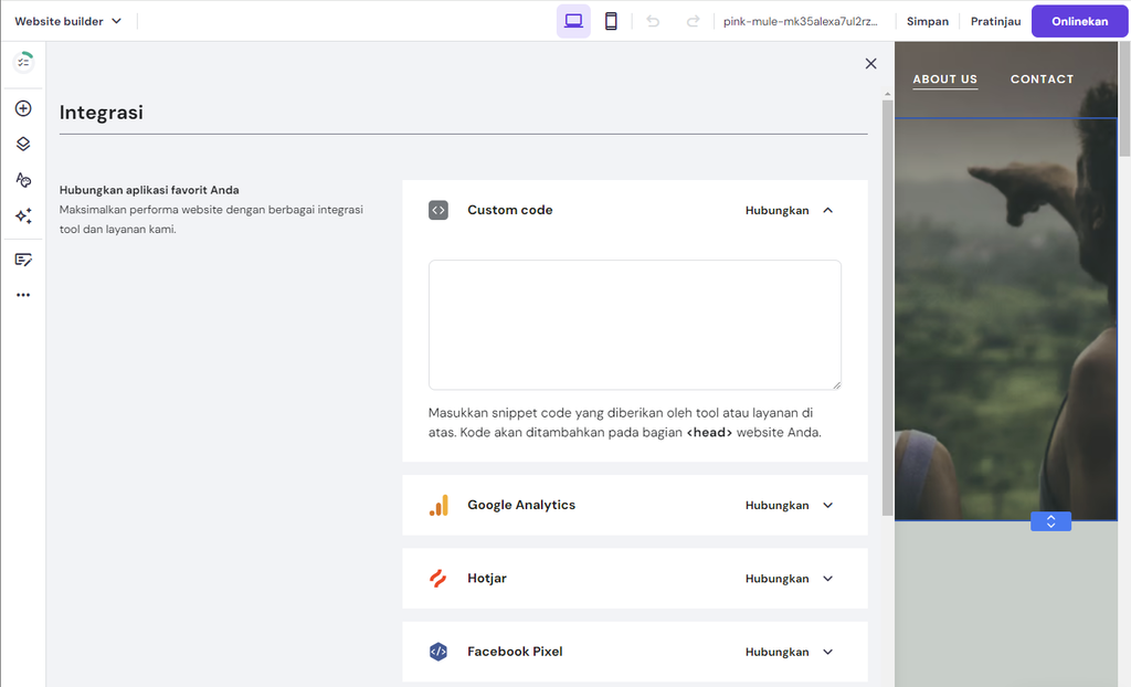 tampilan website builder hostinger menunjukkan integrasi yang tersedia