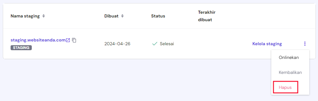 memilh hapus website staging di hpanel