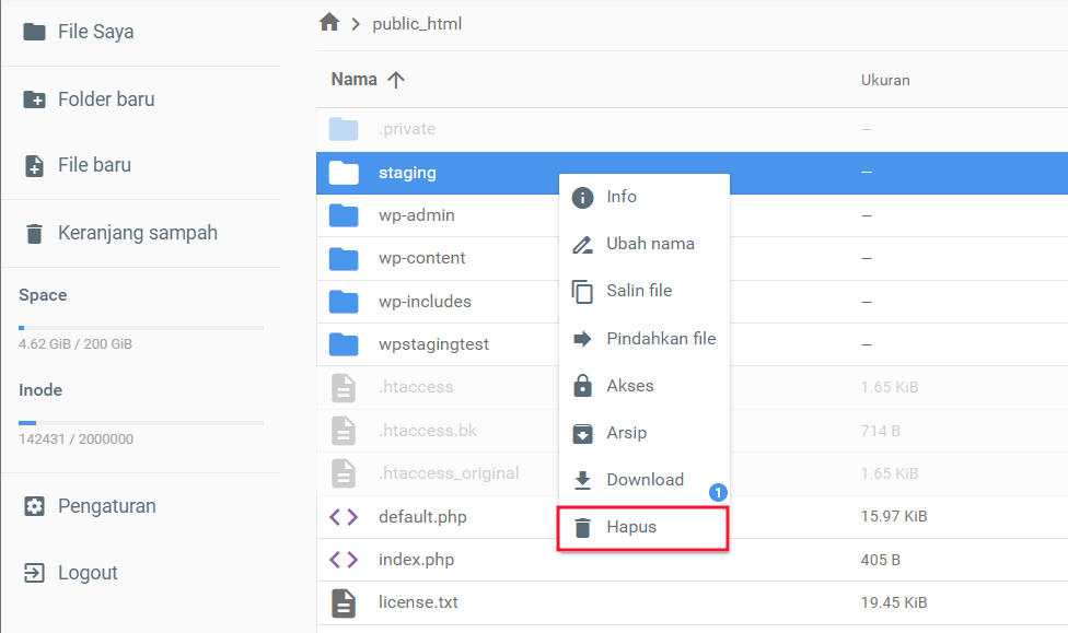 memilih hapus staging di file manager