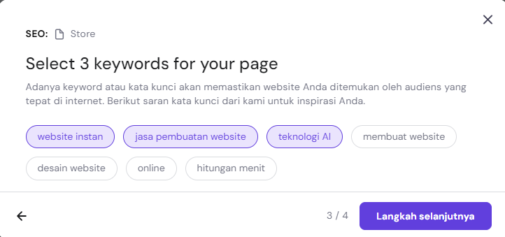memilih kata kunci di fitur seo assistant hostinger builder