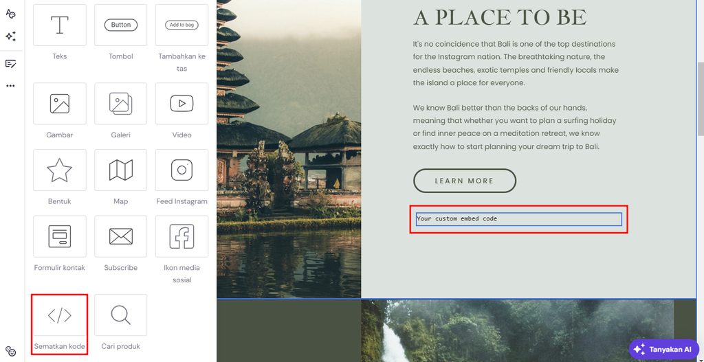 tampilan elemen sematkan kode di website builder hostinger