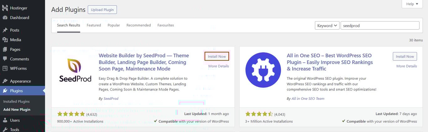 memilih tombol install now untuk menginstal plugin wordpress