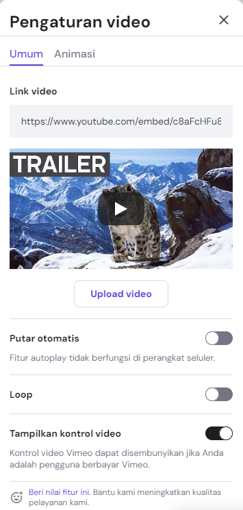 menu pengaturan video di hostinger website builder