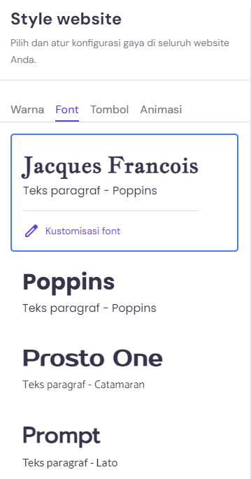 menu teks website di builder