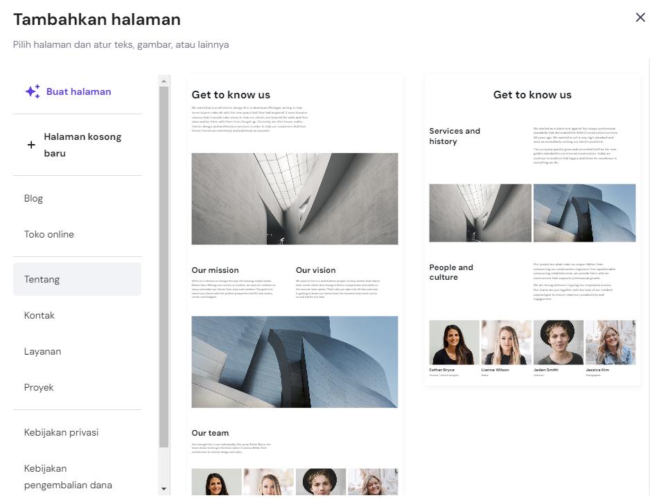 menu untuk menambahkan halaman di hostinger website builder