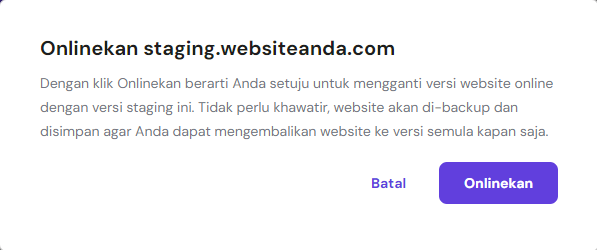 pop up konfirmasi untuk mengonlinekan wordpress staging environment