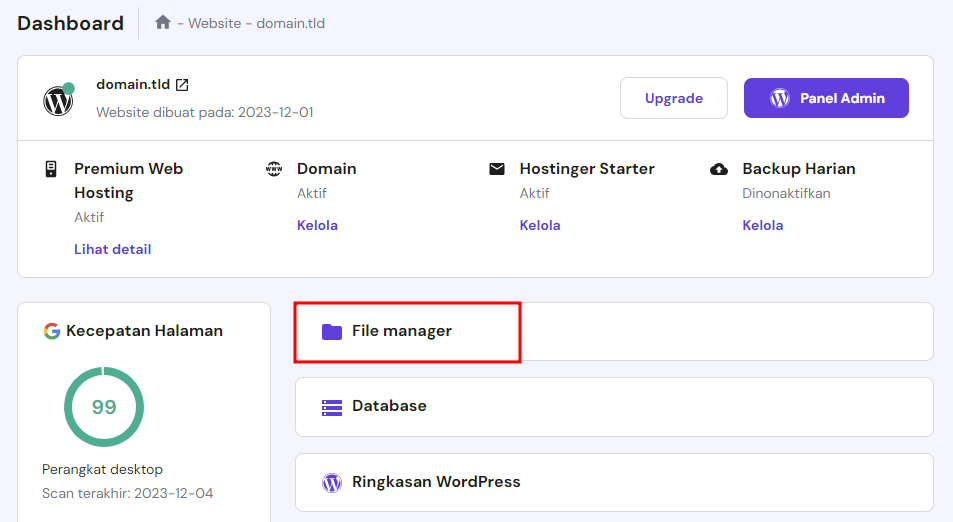 tampilan menu file manager hostinger di halaman dashboard hpanel