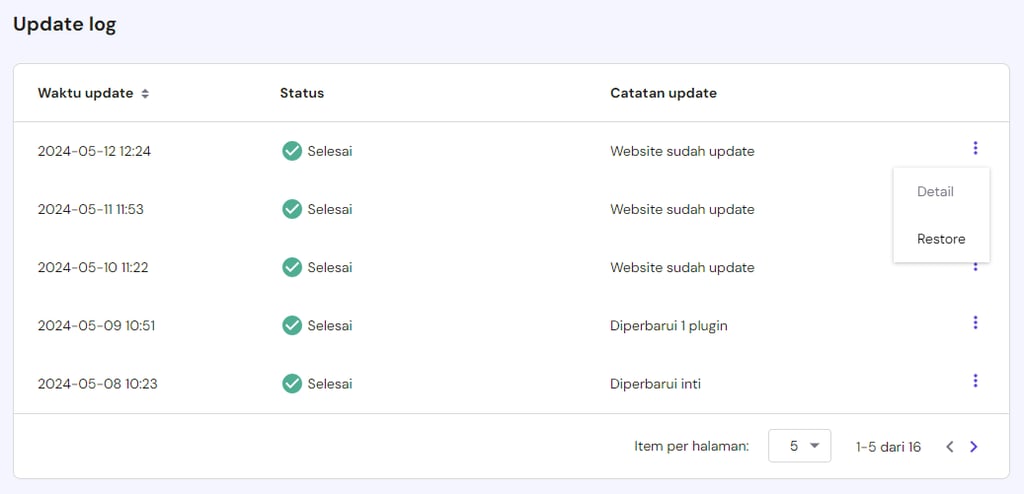 log update wordpress di hpanel