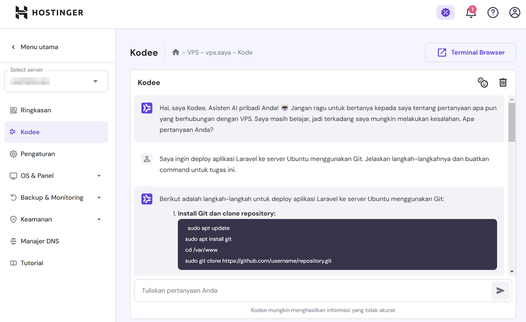 tampilan kodee di hpanel dengan prompt untuk deploy laravel ke vps