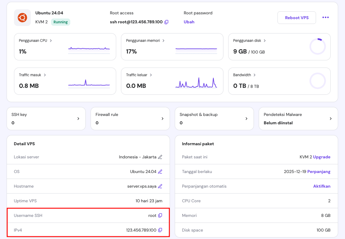 bagian detail ssh di halaman ringkasan vps hpanel