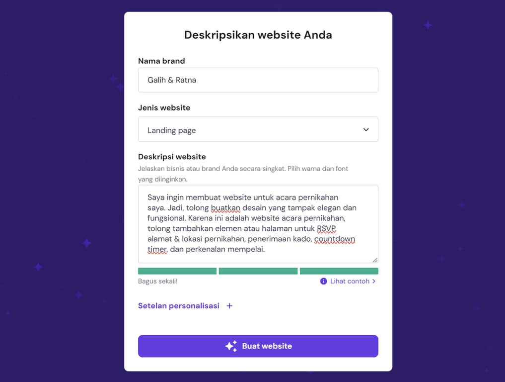 contoh prompt ai website builder hostinger untuk membuat website undangan pernikahan online