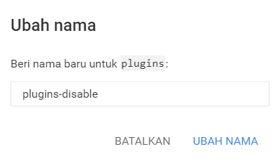 tampilan file manager hostinger menunjukkan proses mengganti nama folder menjadi plugins-disable