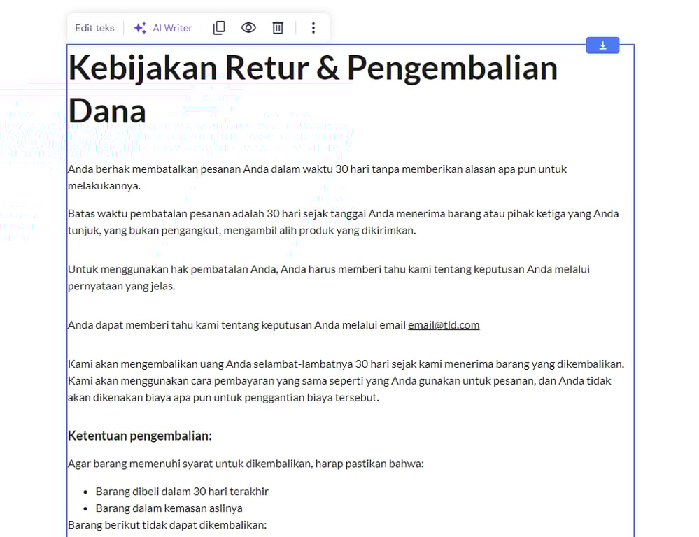 contoh konten kebijakan retur dan pengembalian dana di website builder hostinger
