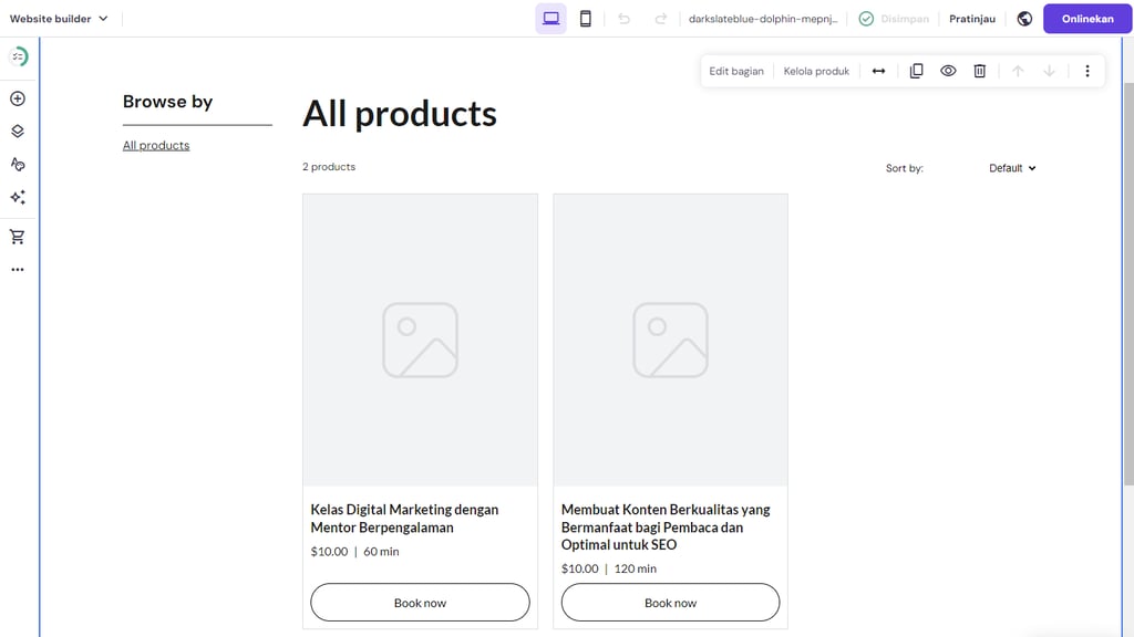 contoh halaman produk reservasi yang sudah ditayangkan di website