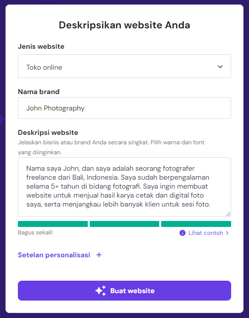 deskripsi yang diberikan pada ai website builder untuk membuat website fotografi