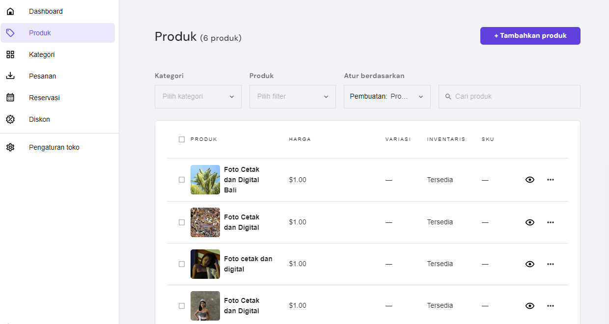 halaman untuk mengatur produk toko online di website builder hostinger