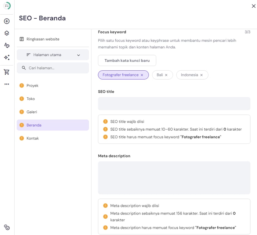 menyesuaikan pengaturan seo halaman website di builder hostinger