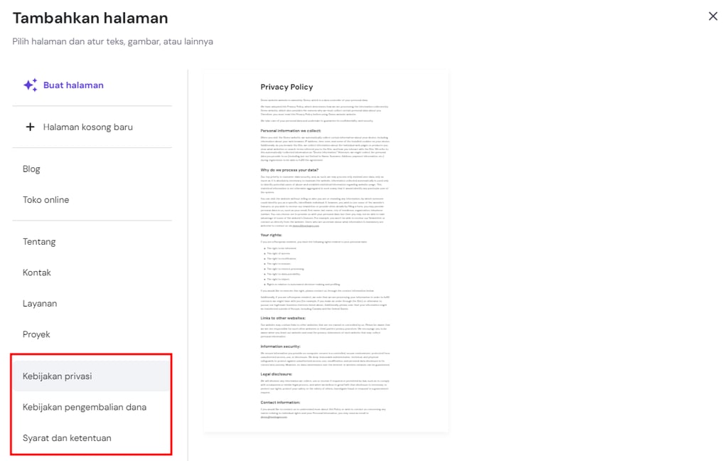 template halaman hukum di website builder hostinger untuk membuat halaman kebijakan privasi, pengembalian dana, serta syarat dan ketentuan