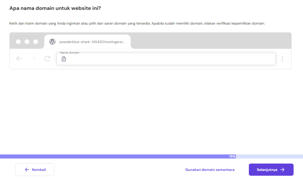 halaman untuk mengklaim domain di alur onboarding hostinger