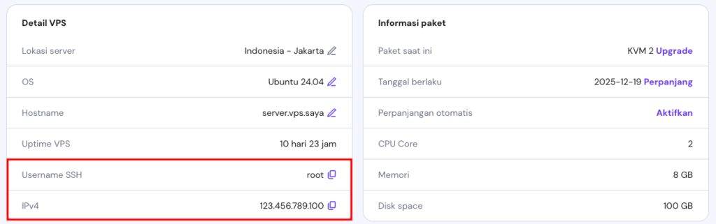 bagian akses ssh berisi semua informasi ssh di hpanel