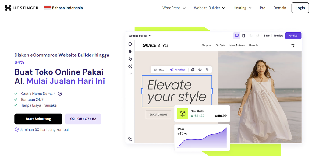 tampilan landing page website builder toko online hostinger