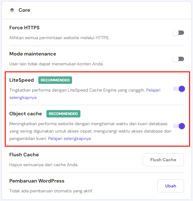 bagian core wordpress di hpanel dengan litespeed dan object cache yang disorot