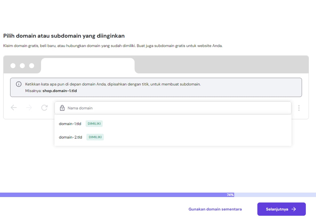 tampilan bagian onboarding hpanel menunjukkan proses mengklaim domain gratis