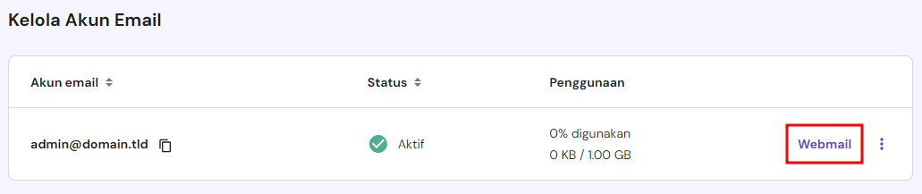 tampilan email di hpanel hostinger dengan tombol webmail yang dipilih