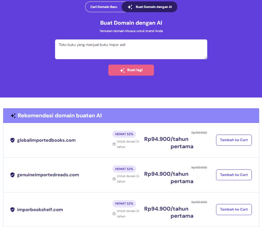 mencari nama domain dengan bantuan ai hostinger