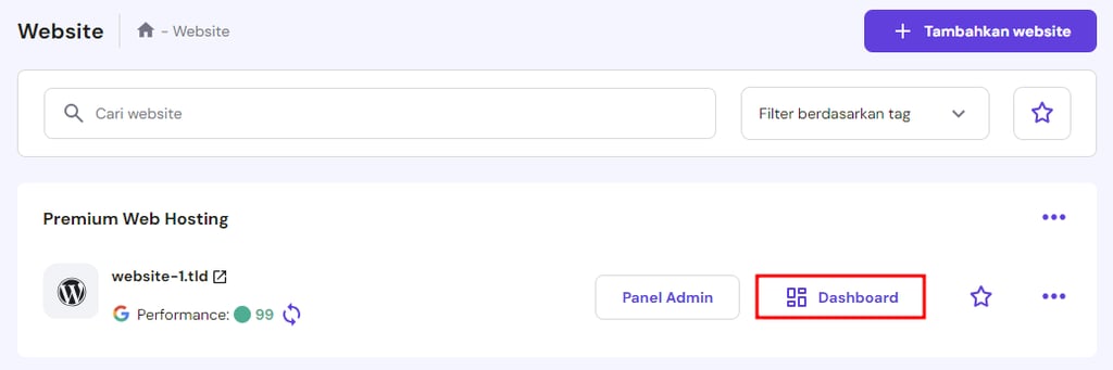tampilan menu website di hpanel dengan tombol dashboard yang dipilih