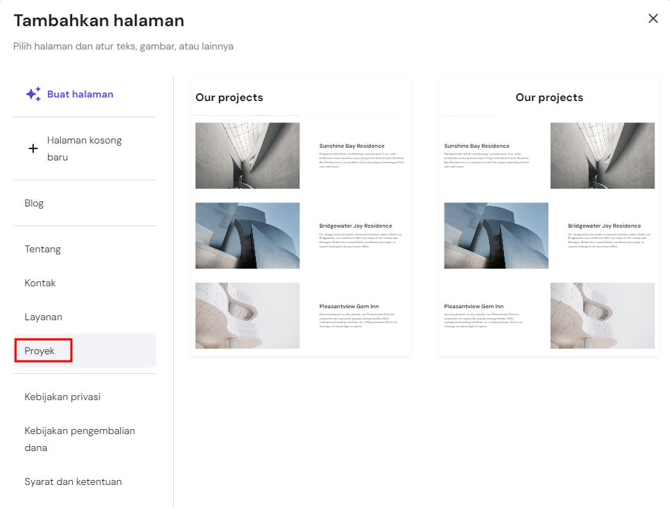 menu proyek untuk menambahkan daftar proyek di website