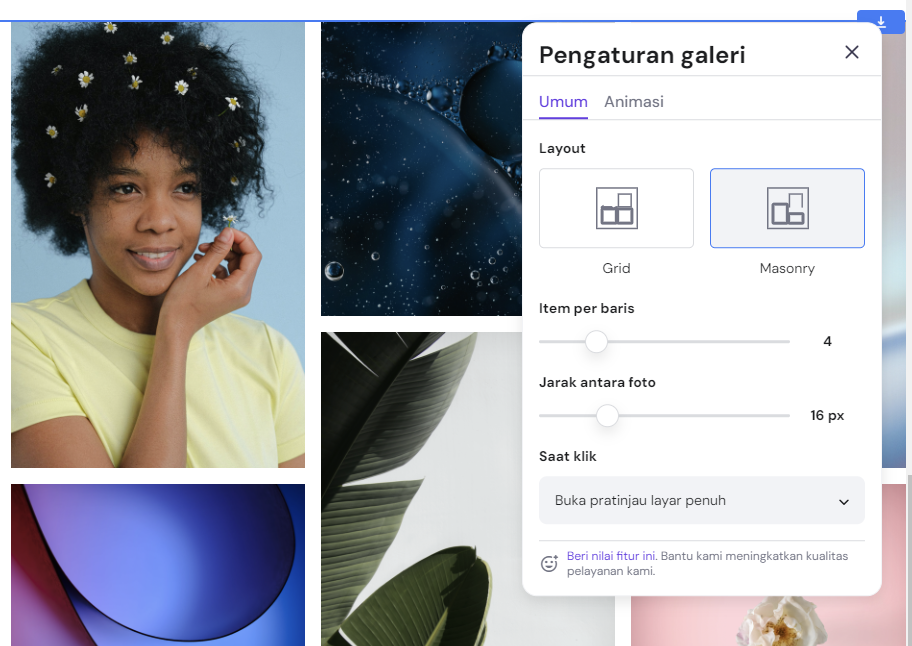 menu pengaturan galeri di website builder untuk mengatur tampilannya