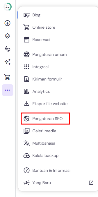 memilih menu pengaturan seo di website builder untuk mengatur aspek-aspek seo