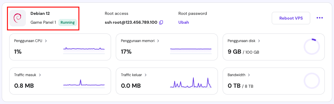 tampilan bagian vps di hpanel menunjukkan status vps sedang berjalan