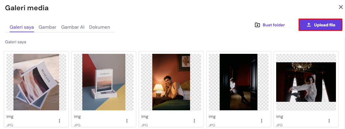 memilih menu upload file di website builder untuk mengganti gambar