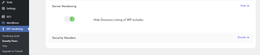 Tampilan fitur plugin WP hardening untuk menyembunyikan struktur folder di wordpress