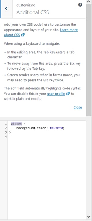 tampilan bagian additional css di theme customizer wordpress
